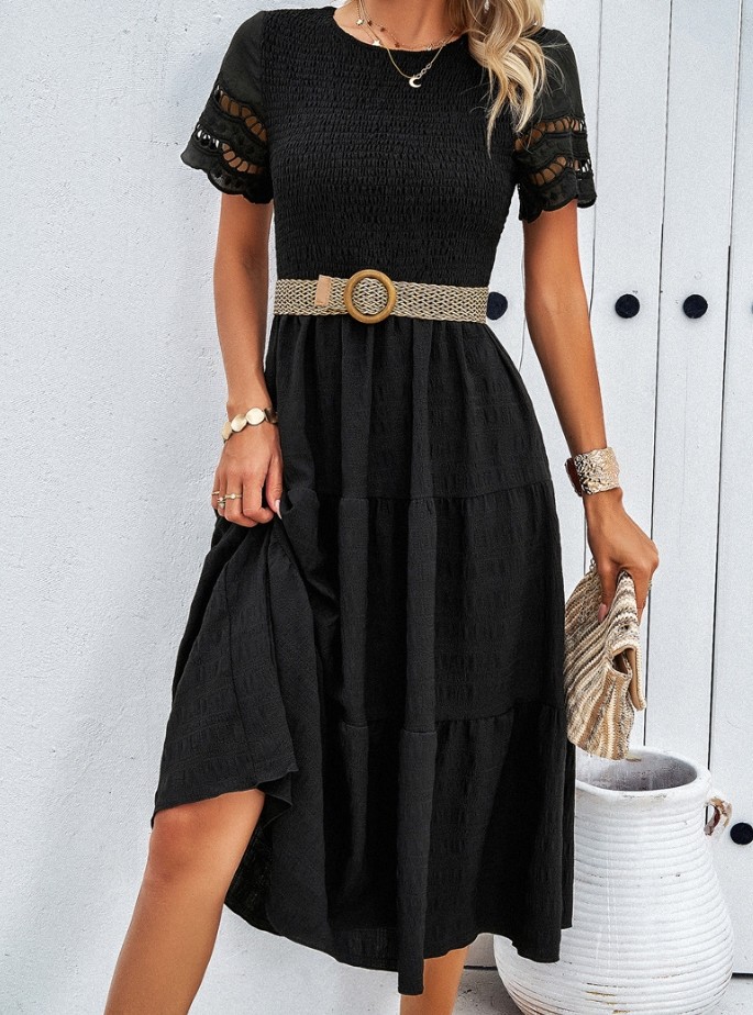 Women's Sexy Elegant Pleated Hollow Dress – Solid Color Short Sleeve Casual Summer Fashion Dress