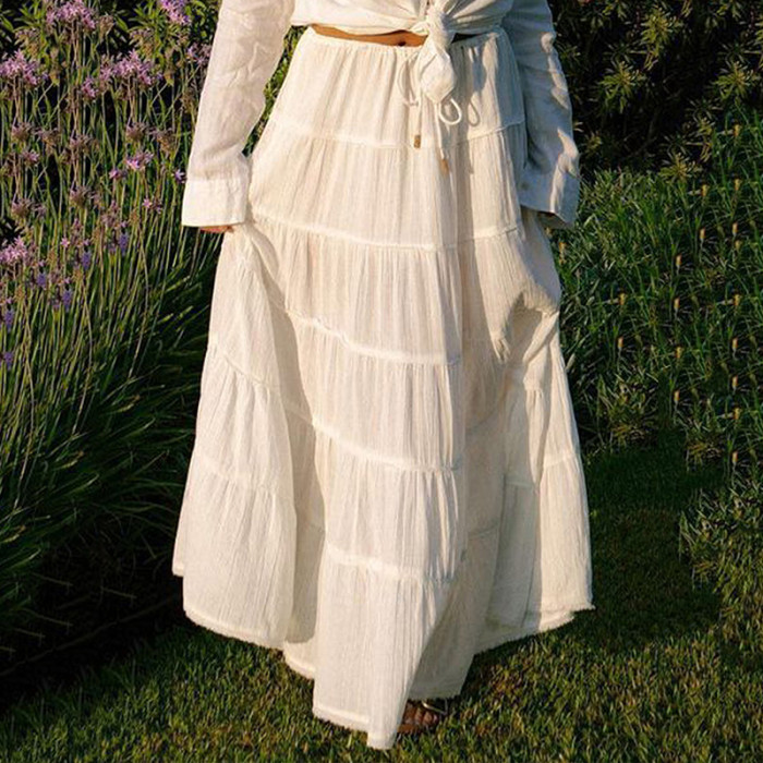 Women's Fashion Casual Solid Color Lace-Up Patchwork Pleated Long Skirt