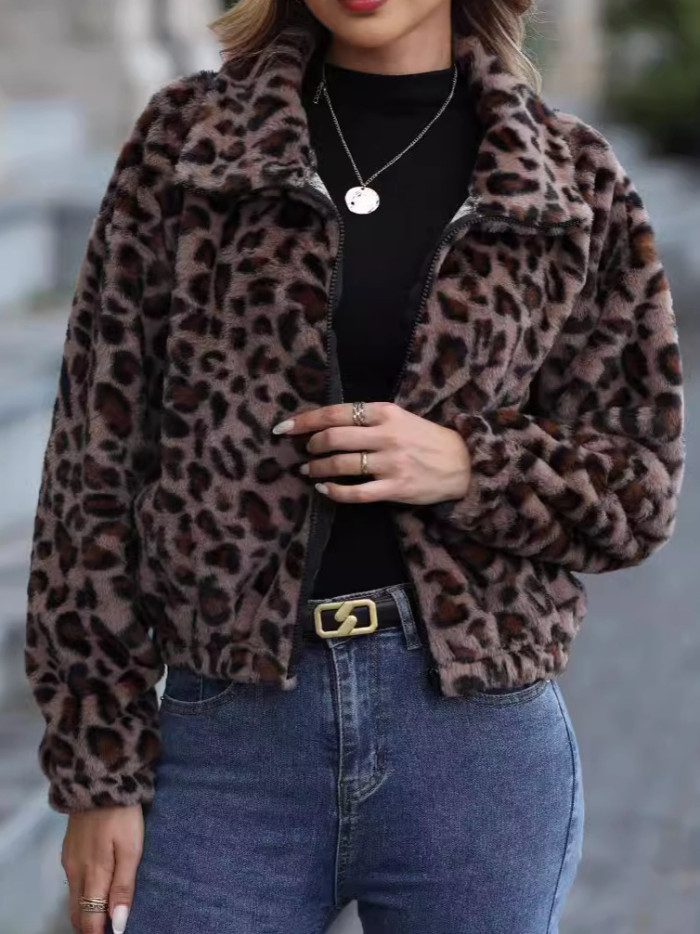 Women's Streetwear Leopard Print Bomber Jacket – Fuzzy Fleece Cropped Coat with Lapel & Long Sleeves