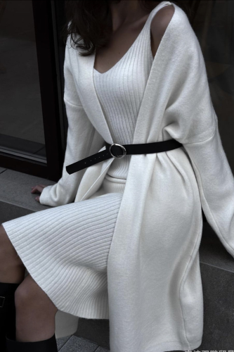 Women's Elegant 2 Piece Suit Set – V Neck Tank Midi Dress & Long Knitted Cardigan