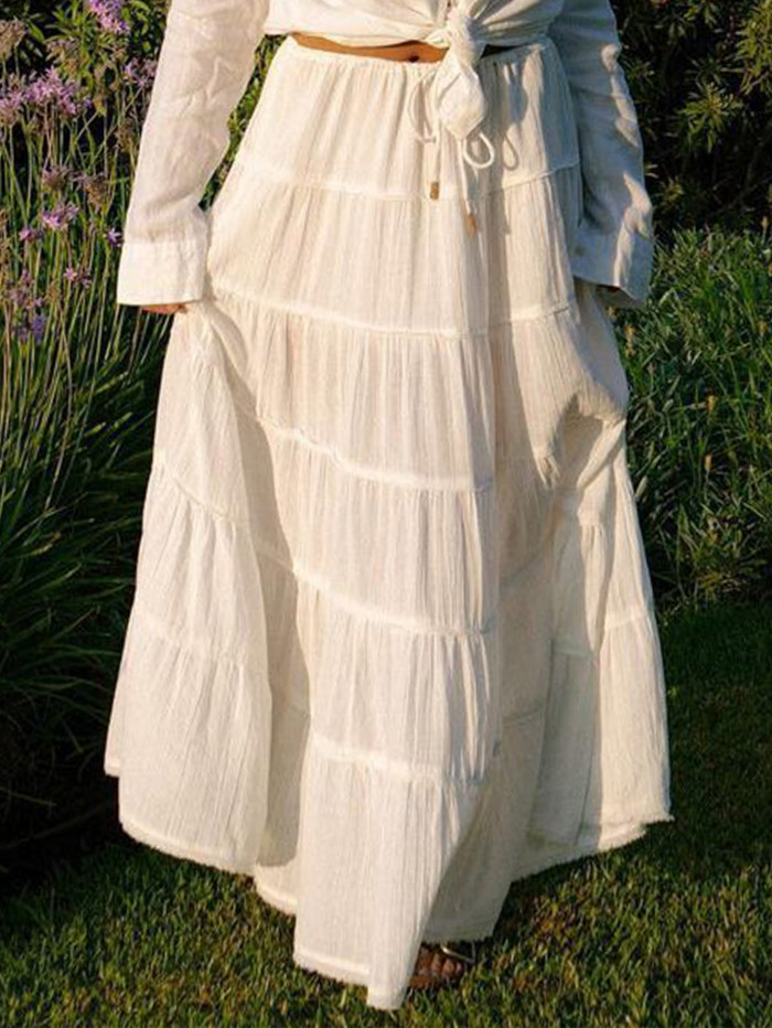 Women's Fashion Casual Solid Color Lace-Up Patchwork Pleated Long Skirt
