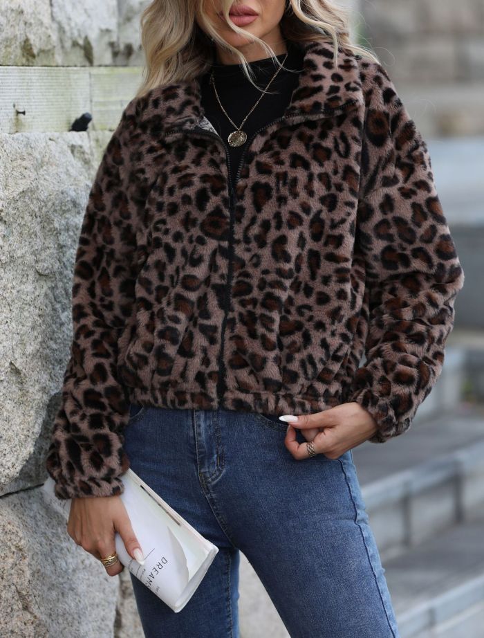 Women's Streetwear Leopard Print Bomber Jacket – Fuzzy Fleece Cropped Coat with Lapel & Long Sleeves