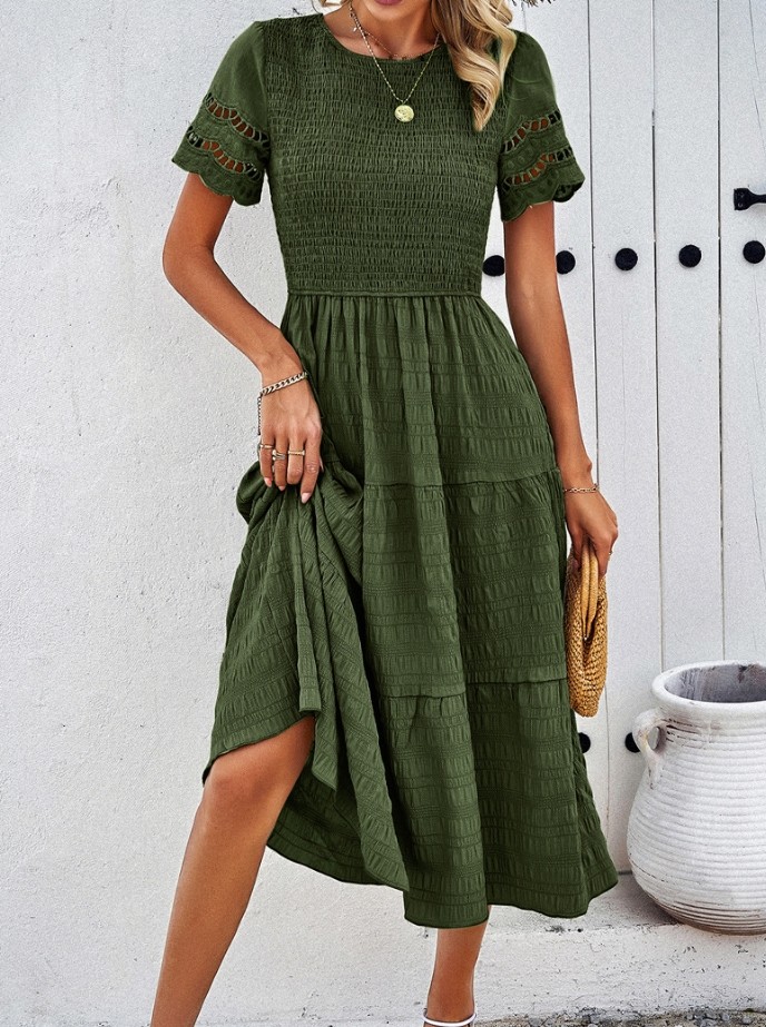 Women's Sexy Elegant Pleated Hollow Dress – Solid Color Short Sleeve Casual Summer Fashion Dress