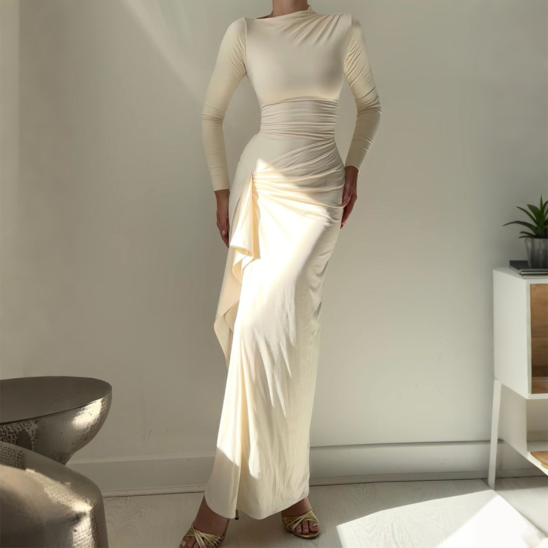 Women's Elegant Ruched Evening Dress – Long Sleeve Slit Party Gown