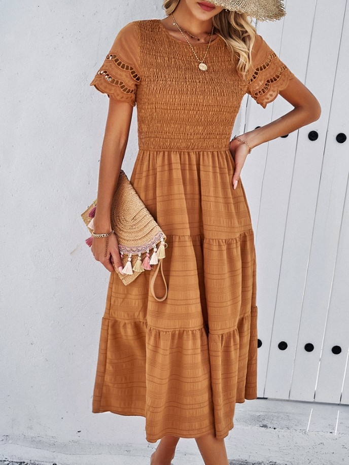 Women's Sexy Elegant Pleated Hollow Dress – Solid Color Short Sleeve Casual Summer Fashion Dress