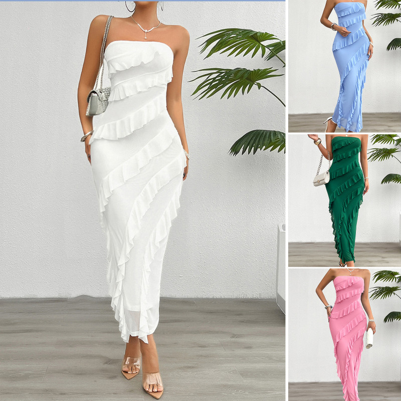 Women's White Strapless Slim Fit Long Dress – Sleeveless High Waist Y2K Streetwear Elegant Summer Party Dress