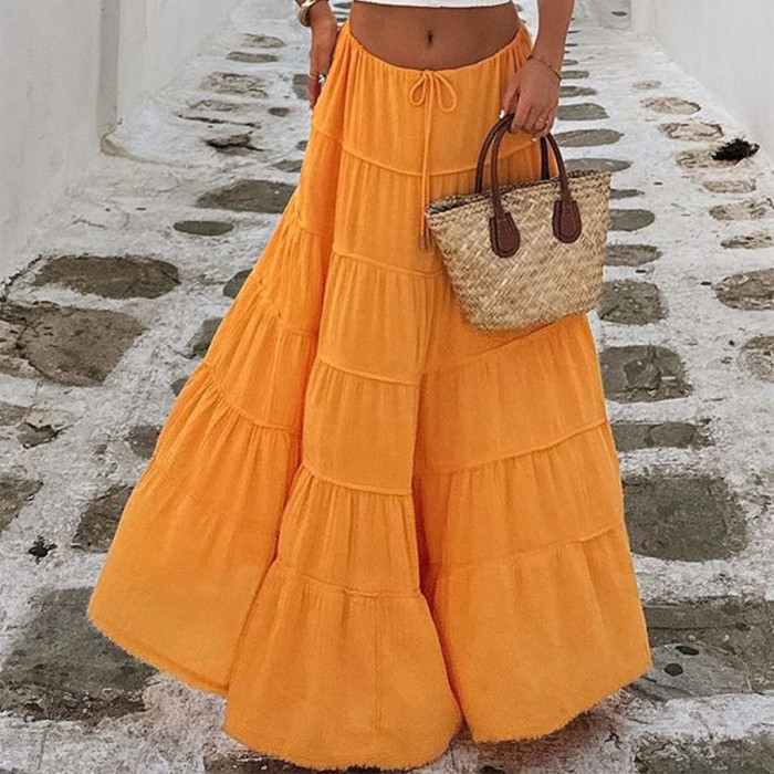 Women's Fashion Casual Solid Color Lace-Up Patchwork Pleated Long Skirt