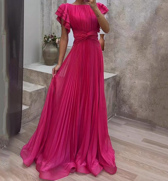 Women's Pleated Maxi Dress – Elegant High Waist Solid Color A-Line Gown