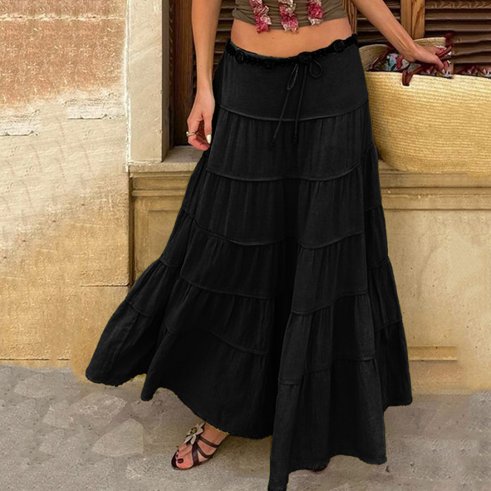 Women's Fashion Casual Solid Color Lace-Up Patchwork Pleated Long Skirt
