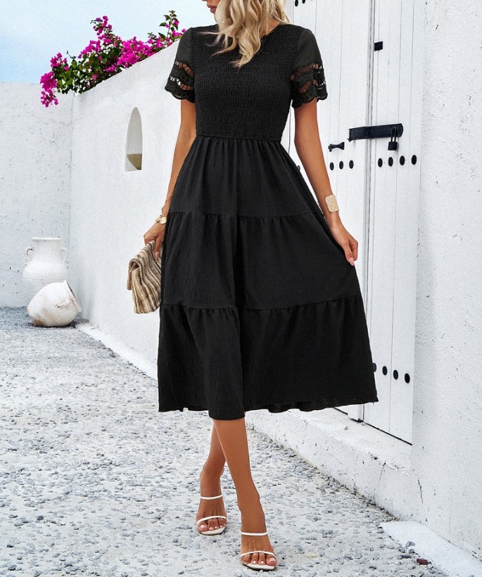 Women's Sexy Elegant Pleated Hollow Dress – Solid Color Short Sleeve Casual Summer Fashion Dress