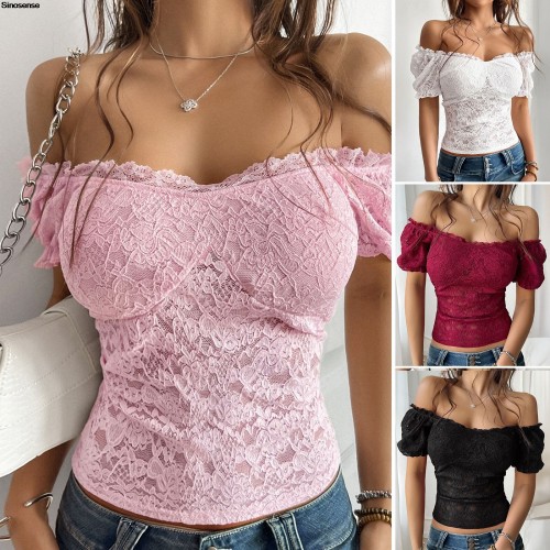 Women's Off Shoulder Crop Top Floral Embroidery Contrast Lace Puff Sleeve Party T-Shirt