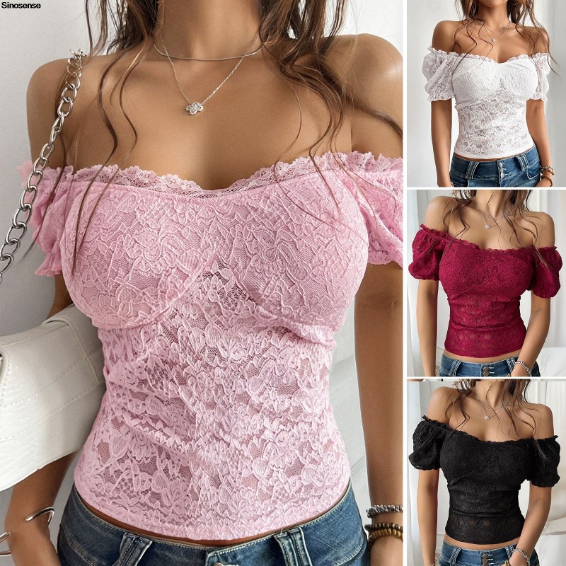 Women's Off Shoulder Crop Top Floral Embroidery Contrast Lace Puff Sleeve Party T-Shirt
