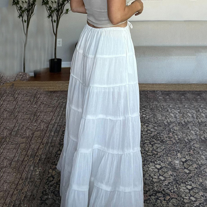 Women's Fashion Casual Solid Color Lace-Up Patchwork Pleated Long Skirt