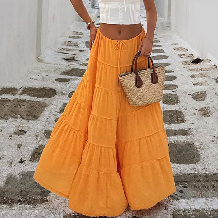 Women's Fashion Casual Solid Color Lace-Up Patchwork Pleated Long Skirt