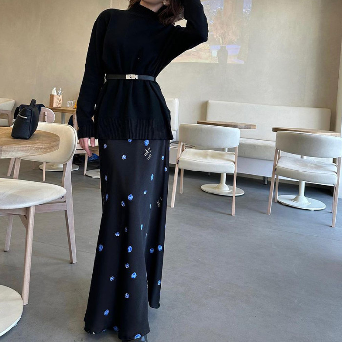 Women's 2 Piece Knit Skirt Set – Dot Long Skirt & Stand Collar Sweater Outfit