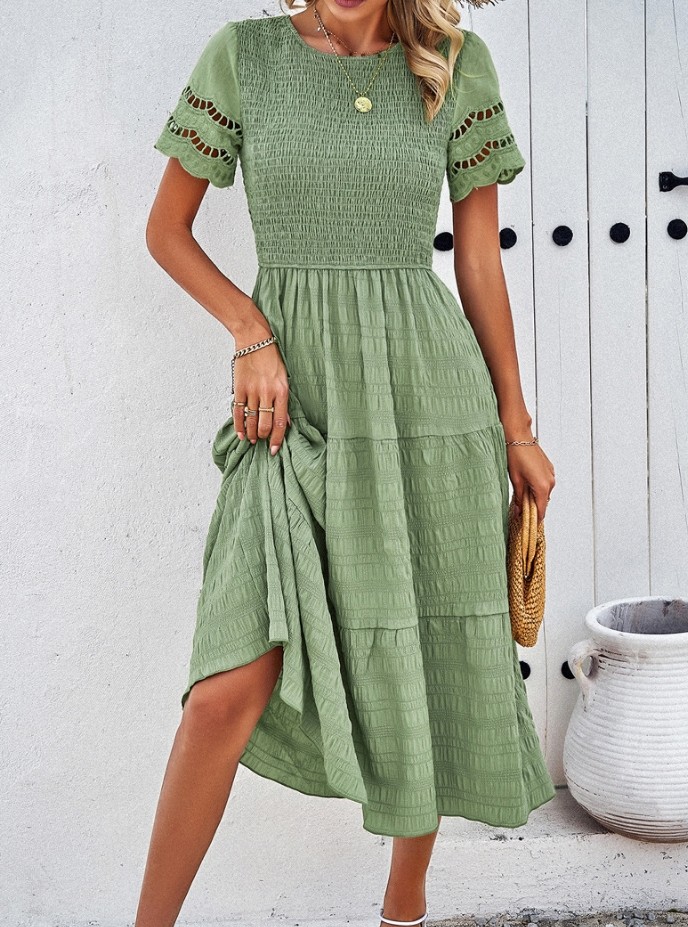 Women's Sexy Elegant Pleated Hollow Dress – Solid Color Short Sleeve Casual Summer Fashion Dress