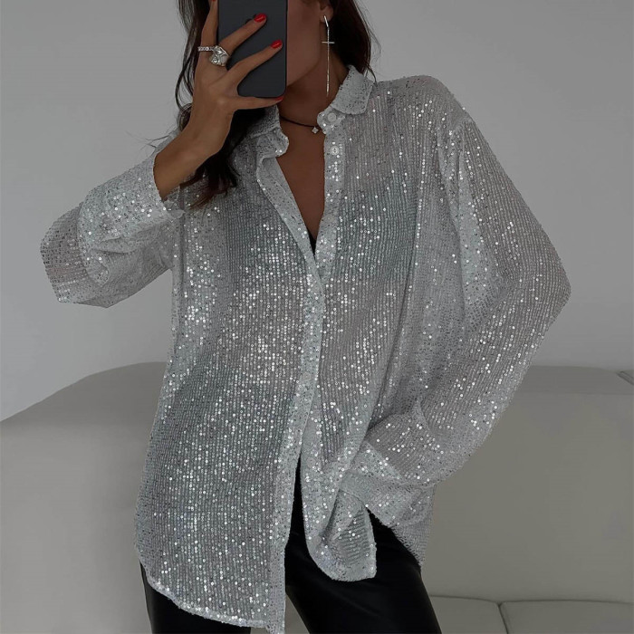 Women's Sequin Lapel Shirt Casual Glitter Loose Long Sleeve Retro Sexy See-through Black Streetwear Top