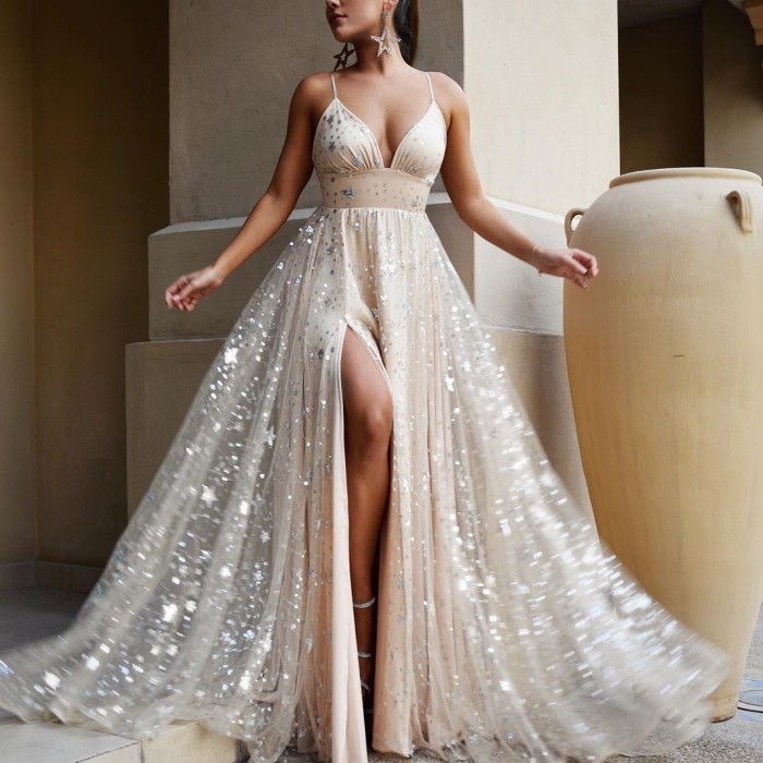 Women's Summer Suspender Long Dress with Waist Cinch, Slit and Bright Sequin Swing Hem