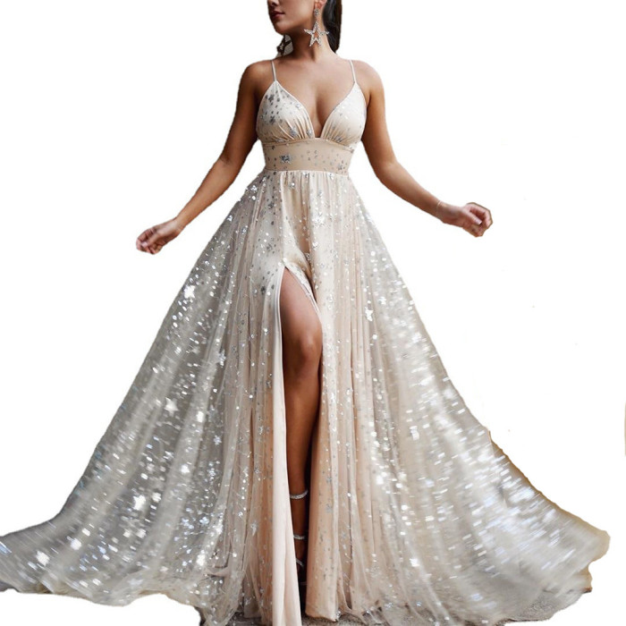 Women's Summer Suspender Long Dress with Waist Cinch, Slit and Bright Sequin Swing Hem