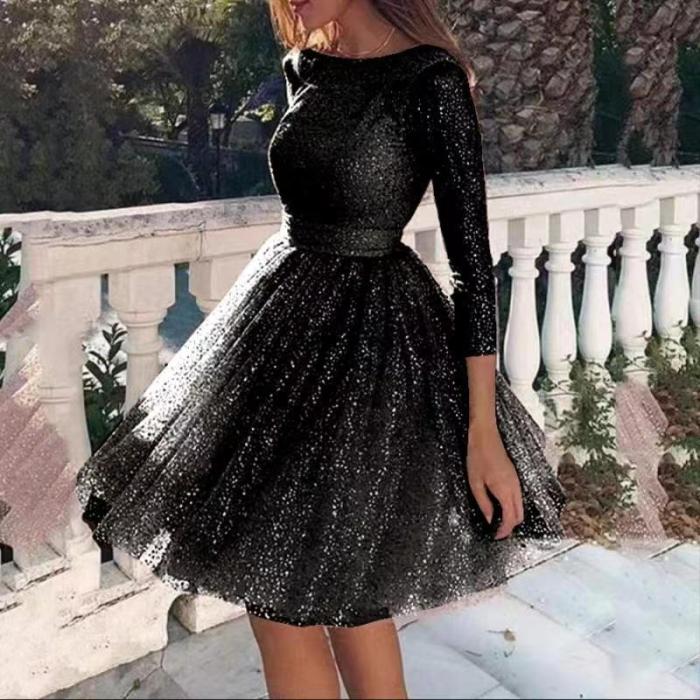 Women's Sexy Sequin Mini Dress See-Through Backless Three-Quarter Sleeve O-Neck Evening Party Dress