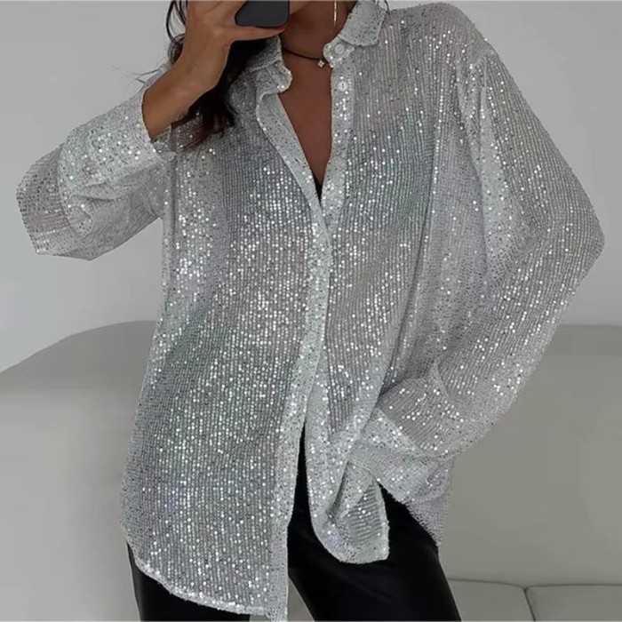 Women's Sequin Lapel Shirt Casual Glitter Loose Long Sleeve Retro Sexy See-through Black Streetwear Top
