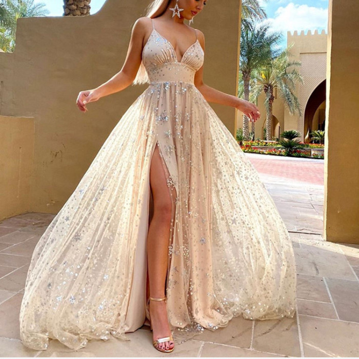Women's Summer Suspender Long Dress with Waist Cinch, Slit and Bright Sequin Swing Hem