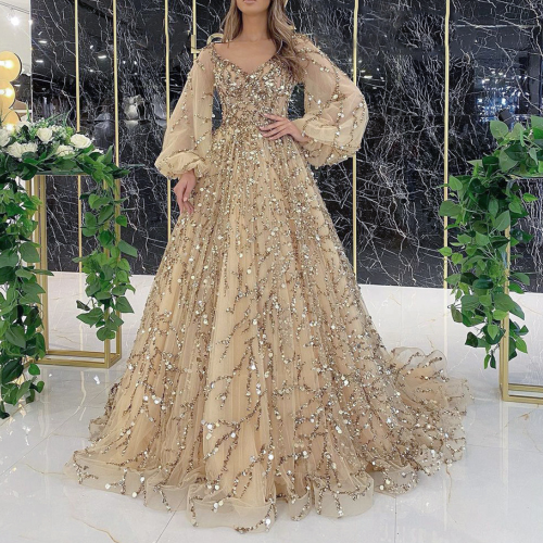 Women's Elegant Mesh Patchwork Maxi Dress with Puff Sleeves, High Waist V-Neck, Lace Party Evening Gown