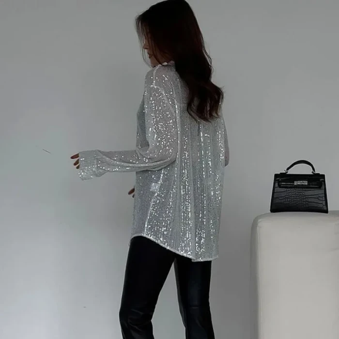 Women's Sequin Lapel Shirt Casual Glitter Loose Long Sleeve Retro Sexy See-through Black Streetwear Top