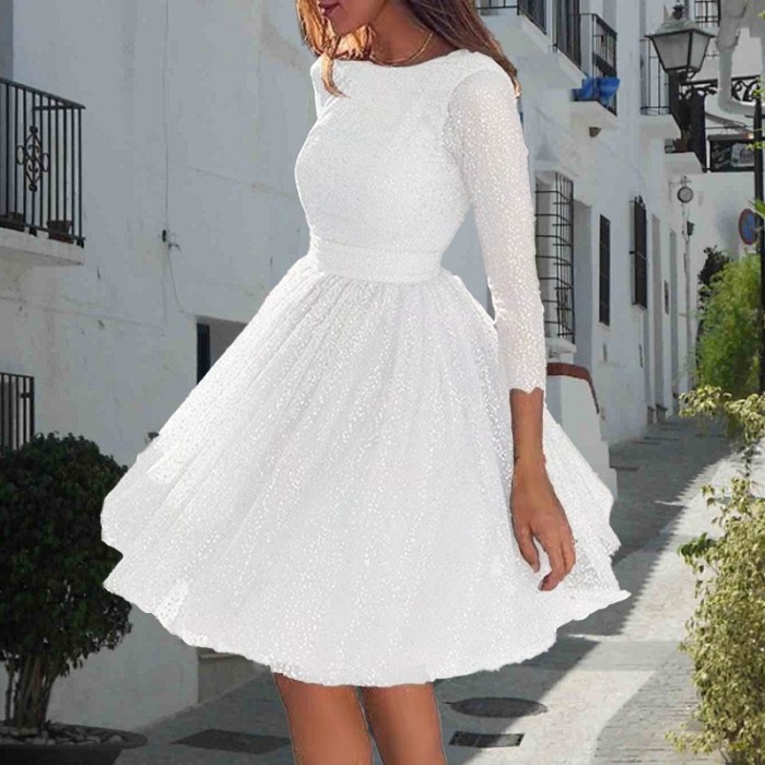 Women's Sexy Sequin Mini Dress See-Through Backless Three-Quarter Sleeve O-Neck Evening Party Dress