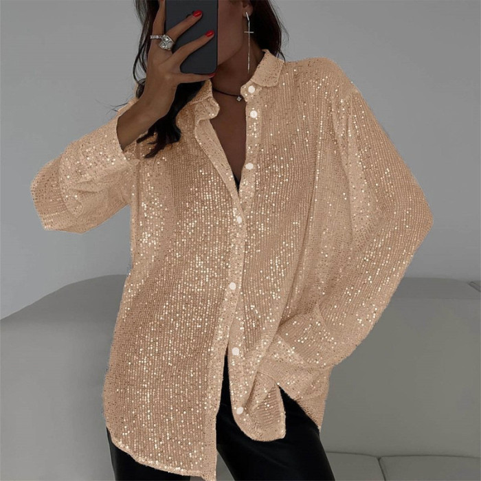 Women's Sequin Lapel Shirt Casual Glitter Loose Long Sleeve Retro Sexy See-through Black Streetwear Top
