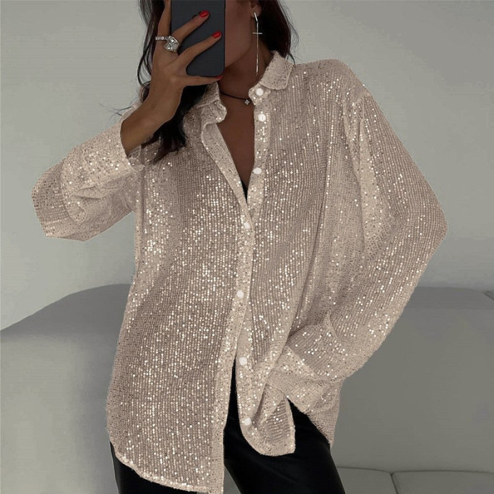 Women's Sequin Lapel Shirt Casual Glitter Loose Long Sleeve Retro Sexy See-through Black Streetwear Top