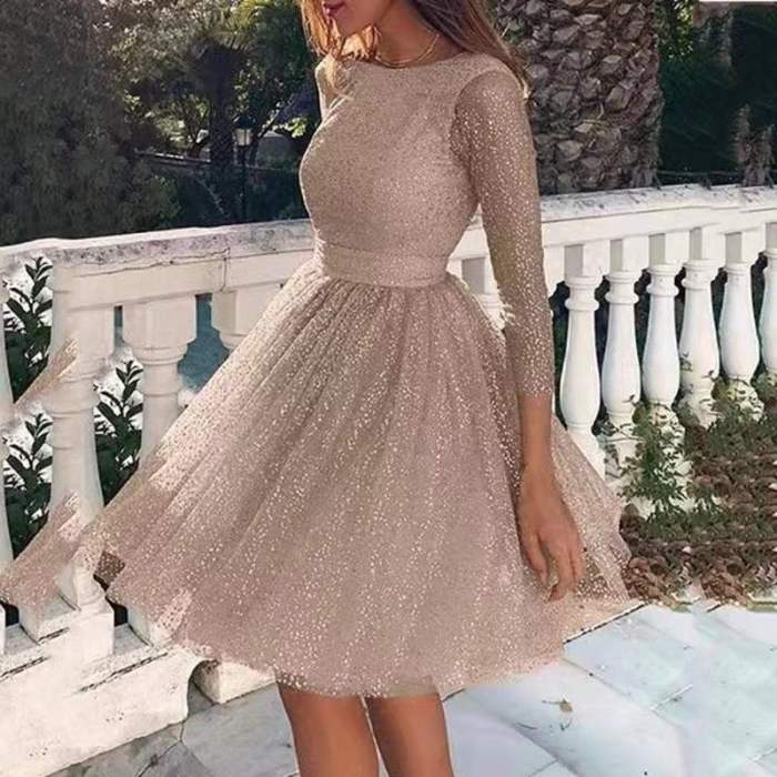 Women's Sexy Sequin Mini Dress See-Through Backless Three-Quarter Sleeve O-Neck Evening Party Dress