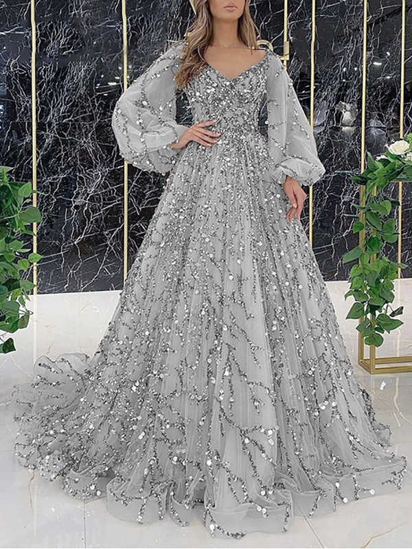 Women's Elegant Mesh Patchwork Maxi Dress with Puff Sleeves, High Waist V-Neck, Lace Party Evening Gown