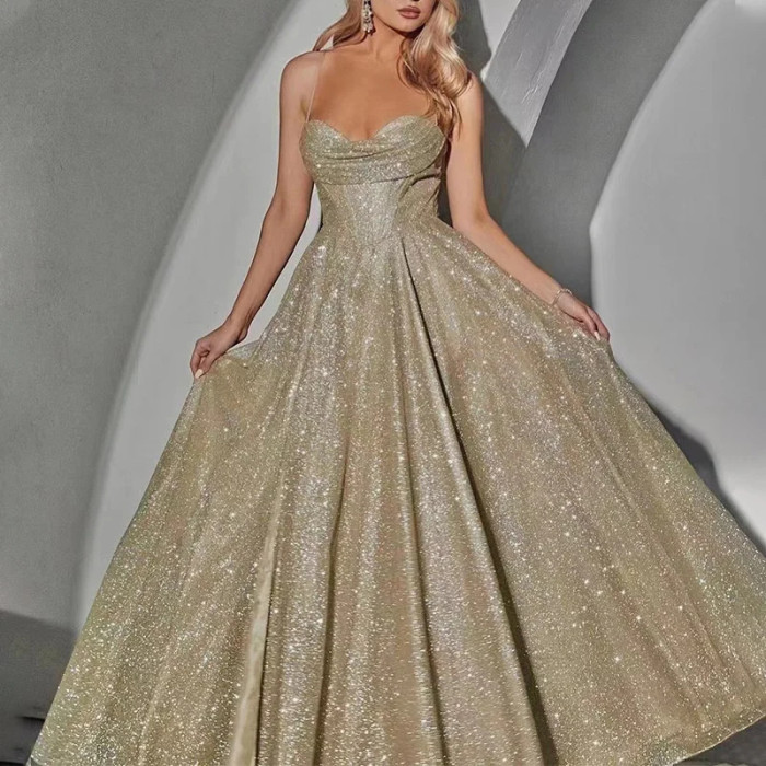 Women's Sleeveless Sequin Bandeau Sexy Glitter Suspender Maxi Gown Prom Dress