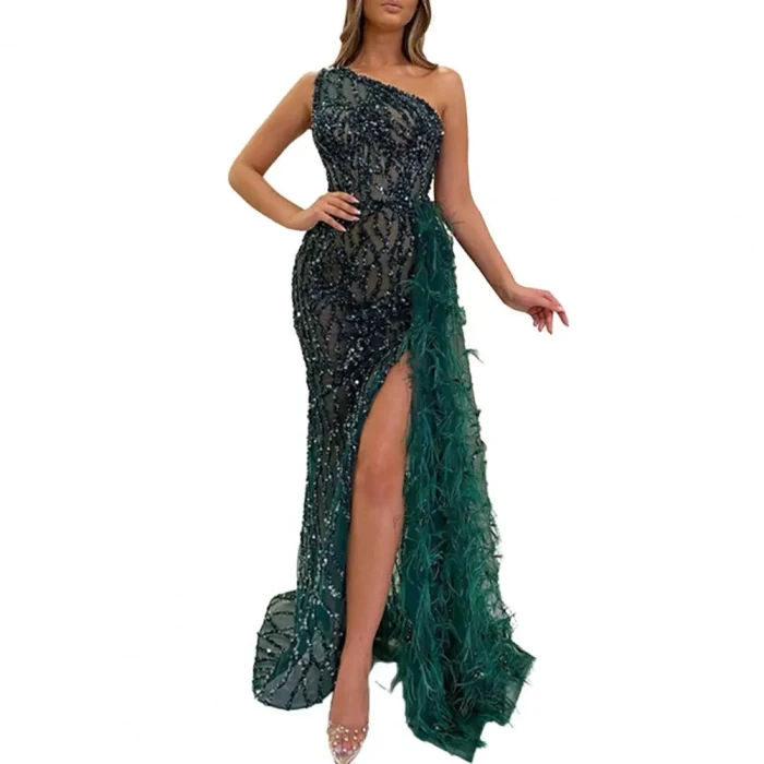 Women's One Shoulder Evening Dress Shiny Sequin Feather Decor High Split Slim Fit Gown