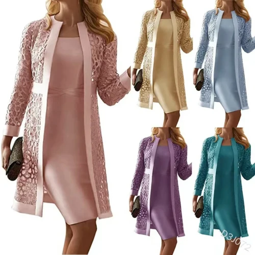 Women's Lace Open Cardigan Two-Piece Dress Elegant Fashionable Outfit