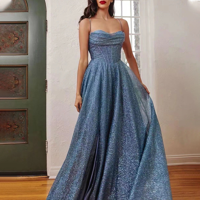 Women's Sleeveless Sequin Bandeau Sexy Glitter Suspender Maxi Gown Prom Dress