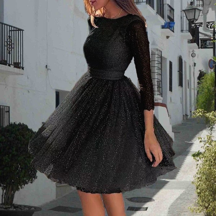 Women's Sexy Sequin Mini Dress See-Through Backless Three-Quarter Sleeve O-Neck Evening Party Dress
