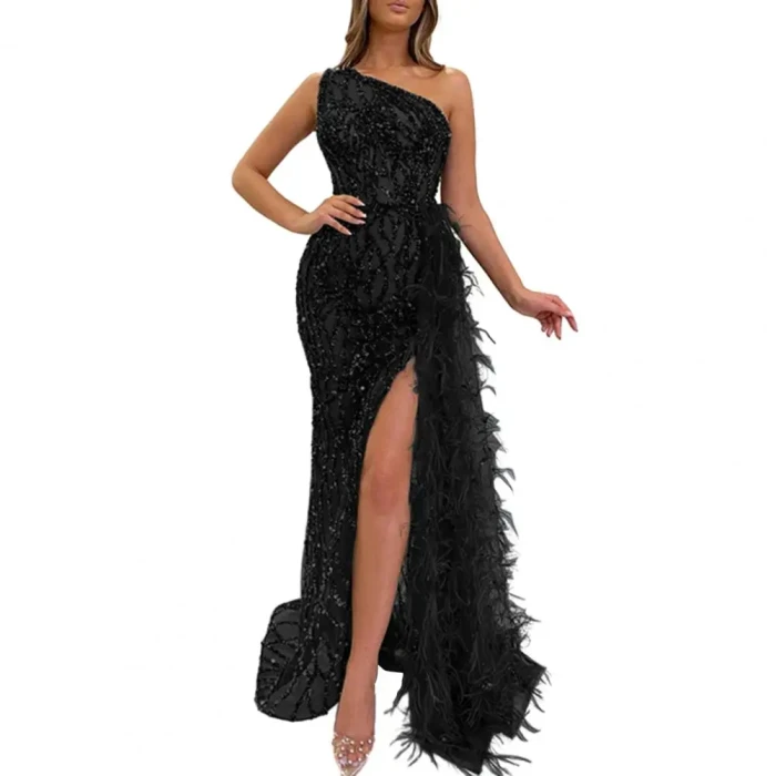 Women's One Shoulder Evening Dress Shiny Sequin Feather Decor High Split Slim Fit Gown
