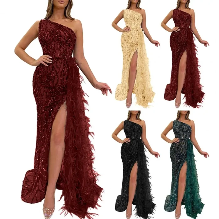 Women's One Shoulder Evening Dress Shiny Sequin Feather Decor High Split Slim Fit Gown