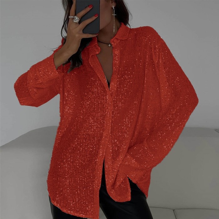 Women's Sequin Lapel Shirt Casual Glitter Loose Long Sleeve Retro Sexy See-through Black Streetwear Top