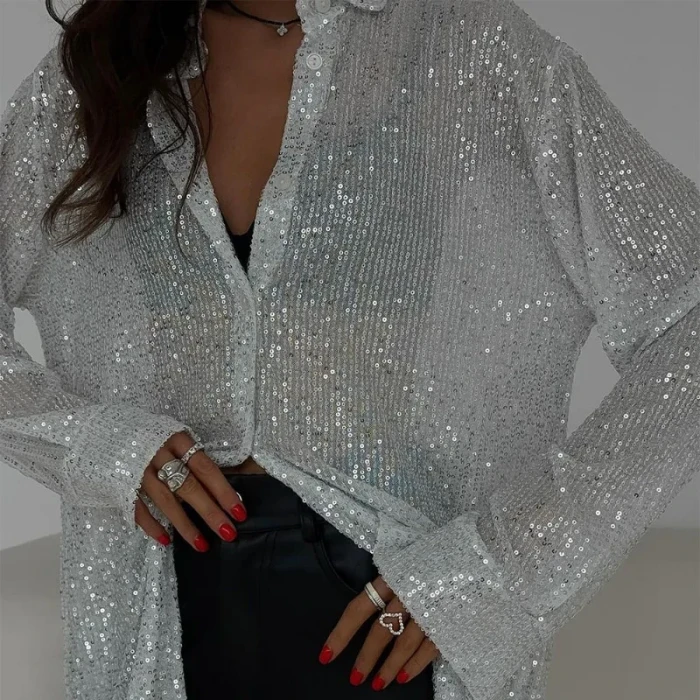 Women's Sequin Lapel Shirt Casual Glitter Loose Long Sleeve Retro Sexy See-through Black Streetwear Top