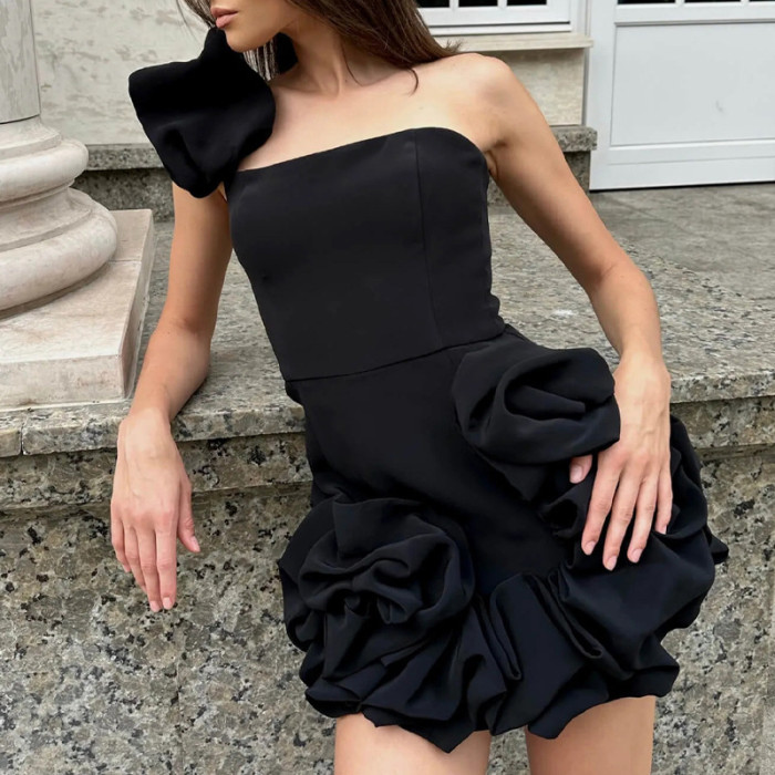 Women's Strapless Sleeveless High Waist Solid Color Dress with Ruffle Edge Flower Bud Waist Design