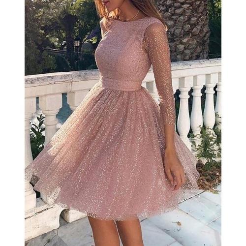 Women's Sexy Sequin Mini Dress See-Through Backless Three-Quarter Sleeve O-Neck Evening Party Dress