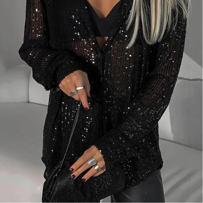 Women's Sequin Lapel Shirt Casual Glitter Loose Long Sleeve Retro Sexy See-through Black Streetwear Top