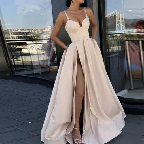 Women's Halter Satin Dress Slim Fit Color Block Tailline Banquet Elegant Party Dress
