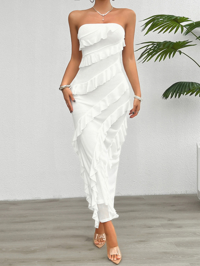 Women's White Strapless Slim Fit Long Dress – Sleeveless High Waist Y2K Streetwear Elegant Summer Party Dress