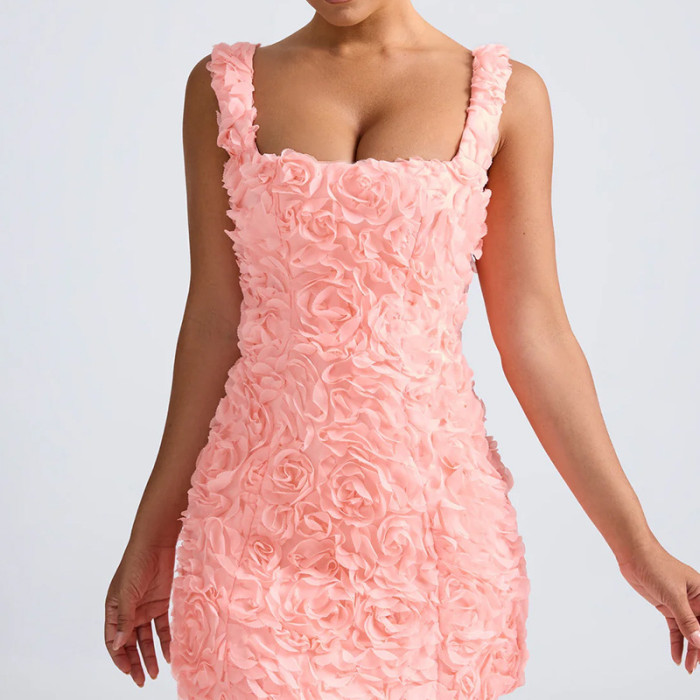 Women's Sexy Spaghetti Strap Mini Dress Solid Color 3D Flower Bodycon Short Party Dress