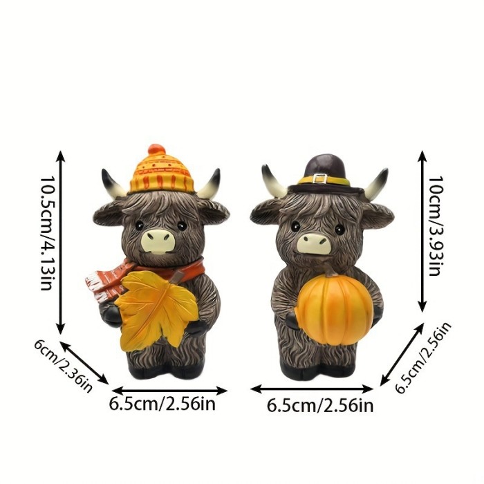 2pcs Halloween Highland Cow Figurines – Autumn Pumpkin Maple Leaf Resin Statues, Rustic Farmhouse Fall Decorations for Home, Garden & Table Decor