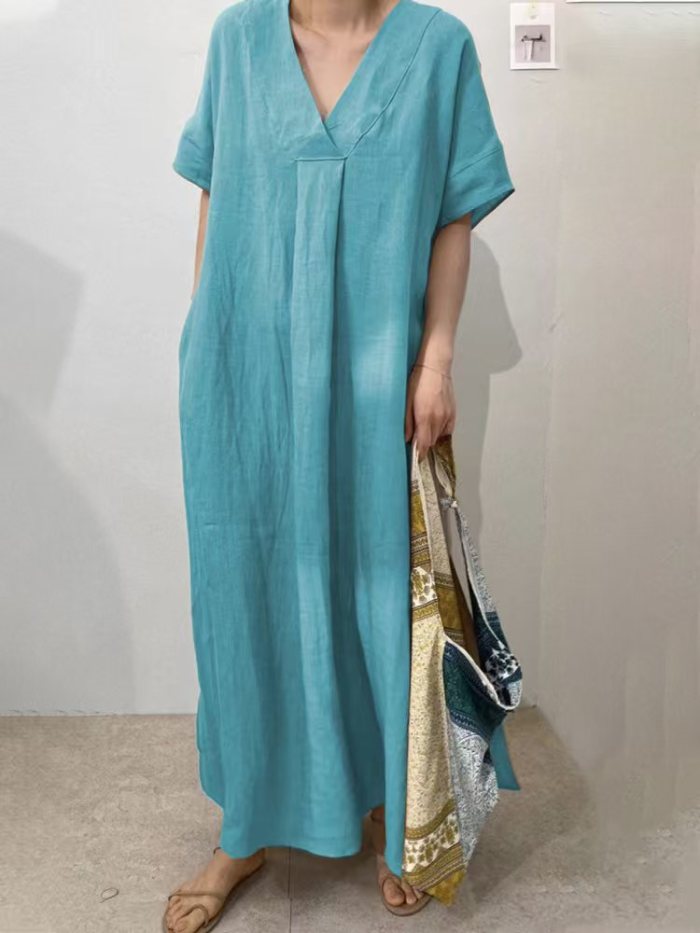 Women's Casual V-neck Cotton and Linen Solid Color Maxi Dress